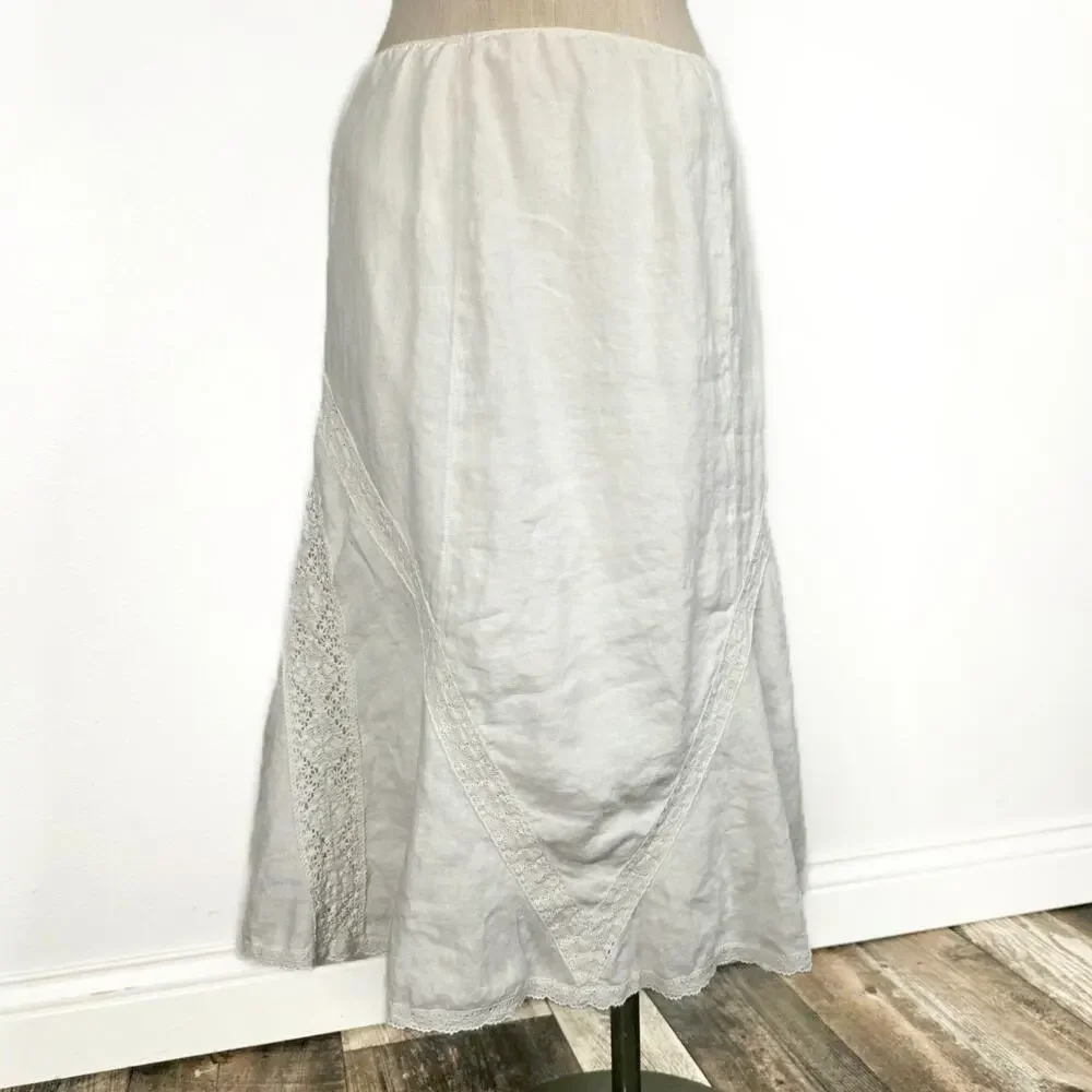 Vintage White Linen Midi Skirt Lace Trim Cottagecore Boho Prairie Size 12